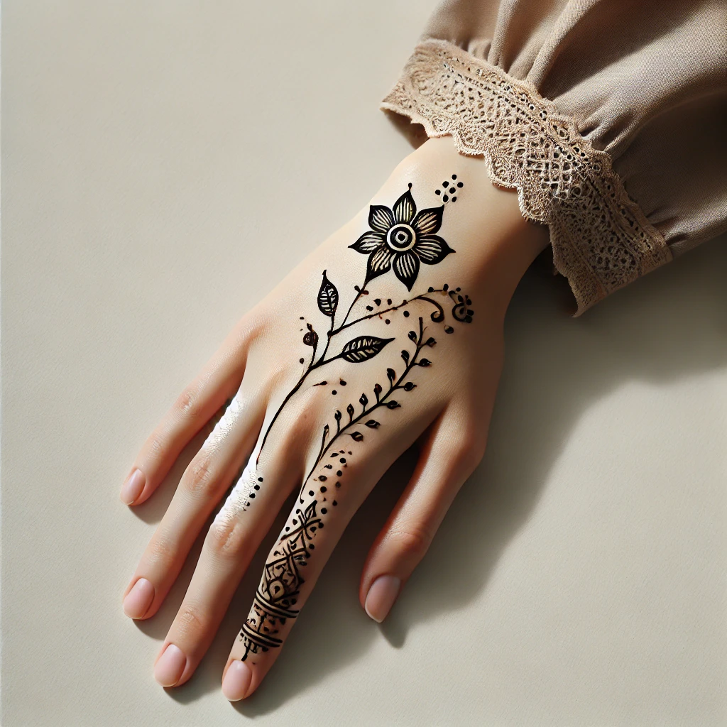 Minimal reverse mehndi design with negative space, surrounded by delicate floral patterns and thin lines, part of the Simple Mehndi Designs collection