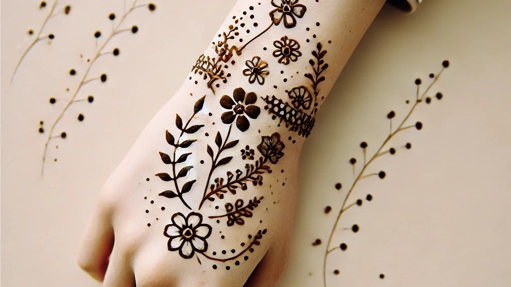 Hand adorned with floral Simple Mehndi Designs with elegant flowers, leaves, and dots, perfect for minimalist brides.