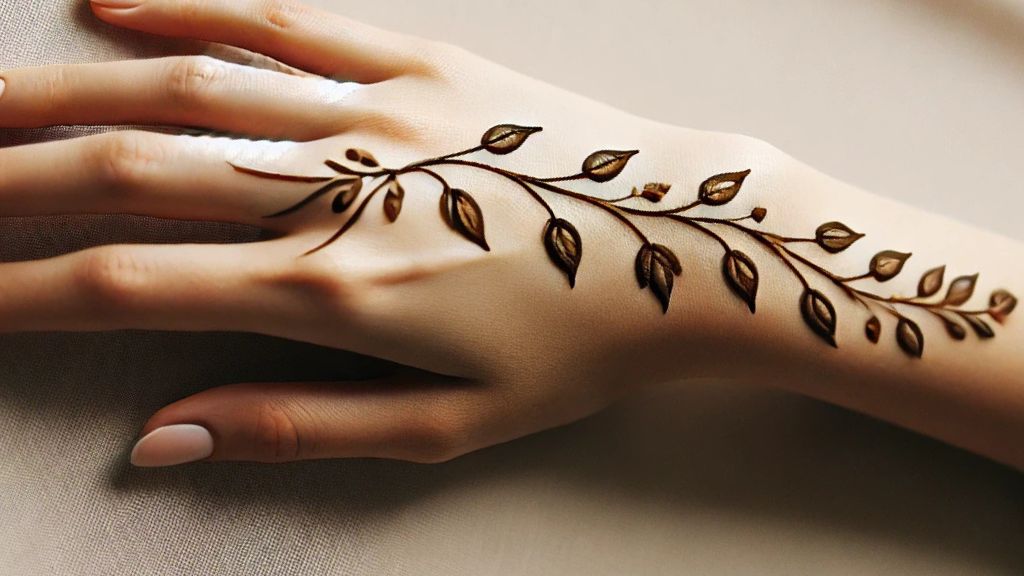 Close-up of a hand featuring Elegant Leafy Trails mehndi design with delicate vines and leaves, ideal for minimalist bridal looks.