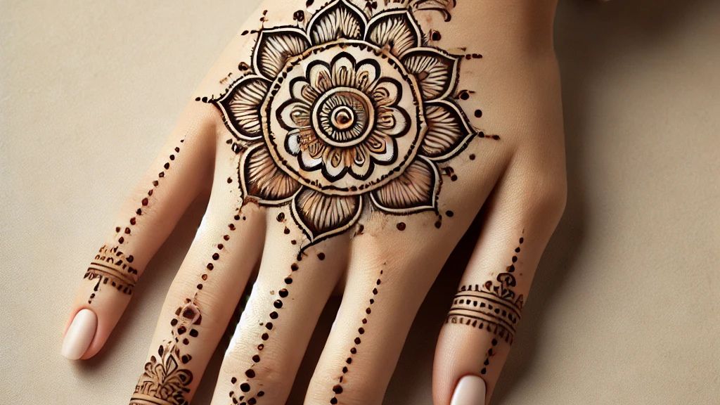 Simple mehndi design featuring a large mandala in the center of the palm, surrounded by minimal floral elements and elegant finger detailing.