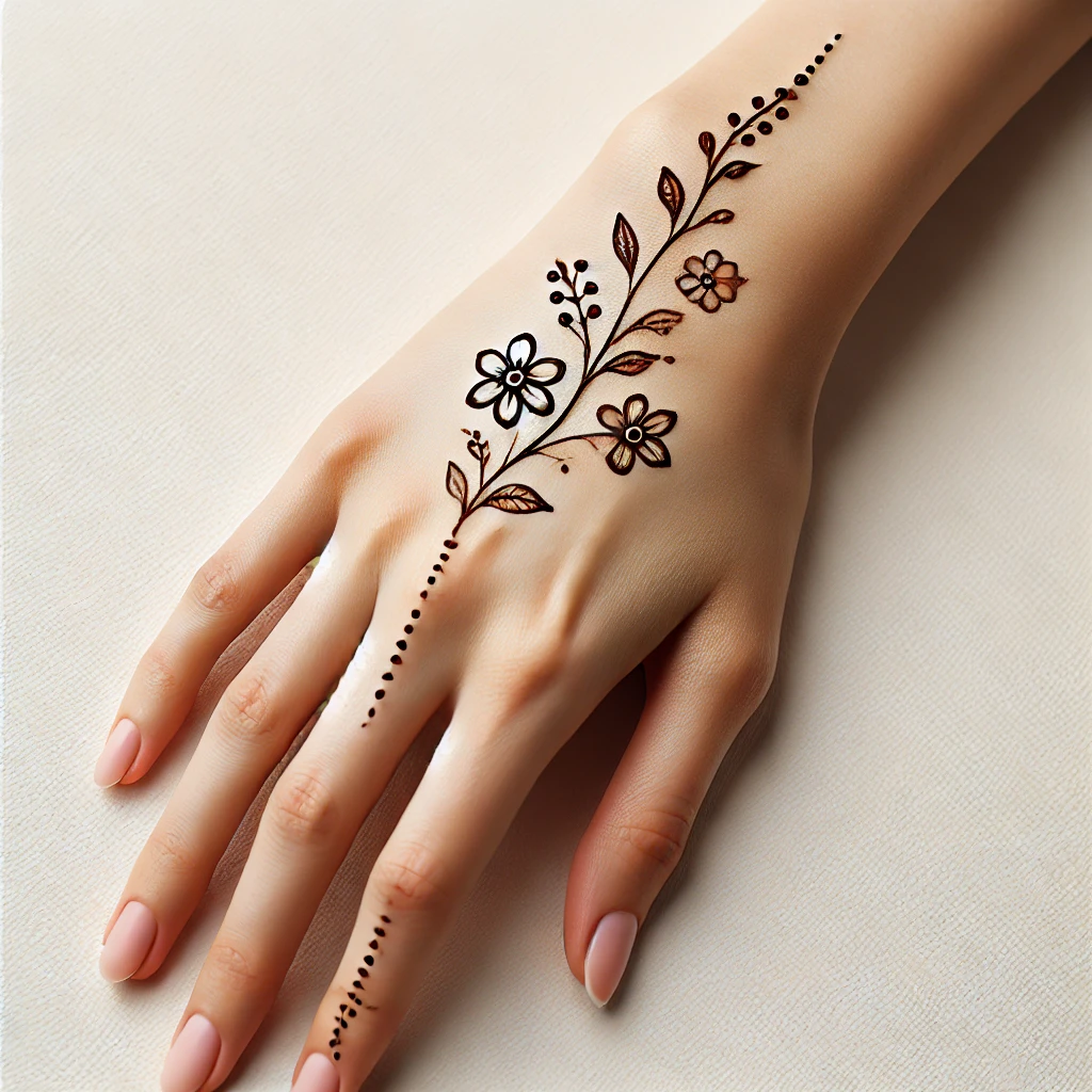 Minimal side palm trail mehndi design with floral and leaf patterns, part of the Simple Mehndi Designs collection.