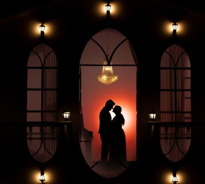 Couple posing in silhouette under chandelier lighting at night in a romantic pre wedding photoshoot studio in Jaipur